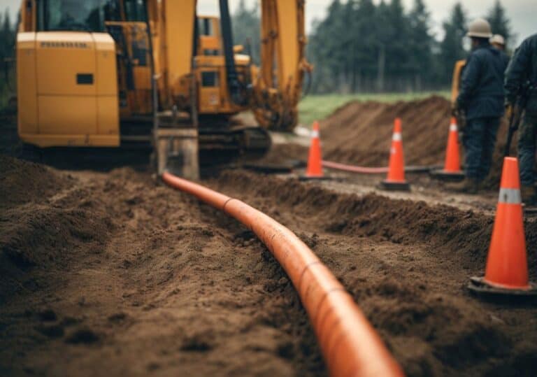 Baustelle mit Bagger und Absperrkegeln: Ein orangefarbenes Leerrohr für Glasfaserkabel liegt in einem offenen Graben – Symbolbild für Tiefbauarbeiten beim Glasfaserausbau.
