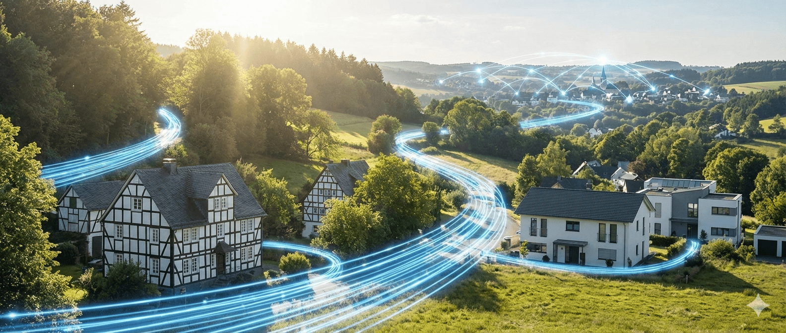 Leuchtende Glasfaser-Lichtbahnen verbinden Fachwerkhäuser und moderne Wohnhäuser in einer hügeligen Mittelgebirgslandschaft mit einem Dorf im Hintergrund – Symbolbild für den Glasfaserausbau im ländlichen Raum.